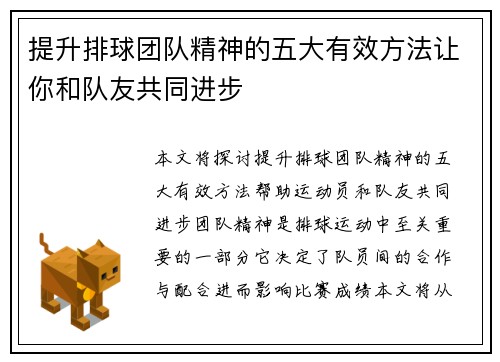 提升排球团队精神的五大有效方法让你和队友共同进步